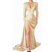 Sequin Mermaid Prom Dresses For Women 2024 Long Sleeve V Neck Satin Formal Evening Party Gowns With Slit