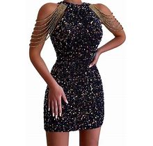 Gaqlive Women's Solid Color Fashion Halter Neck Sexy Crystal Fringe Bodycon Sequin Dress For Evening Party Summer Dresses L