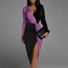 Finelylove Fitted Dress Petite Formal Dresses For Women V-Neck Solid Long Sleeve Sheath Purple
