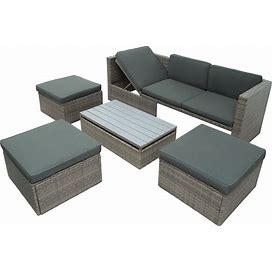 5-Piece Patio Wicker Rattan Conversation Sofa With Adustable Backrest - Gray