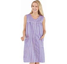 Collections Etc Women's Half-Zip Front Sleeveless Pocket Dress With Checkered Pattern Design, Comfortable Loungewear For Around The House, Blue, Medium