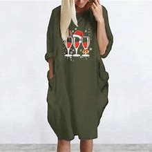 Hupom Polyester,Spandex Plus Size Dresses Long Sleeve Crew Neck Printed Multi-Theme Sun Dress Army Green M