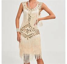 Vintage 1920S Fringe Midi Dress With Sequin Flapper Gatsby Style Apricot / XXL