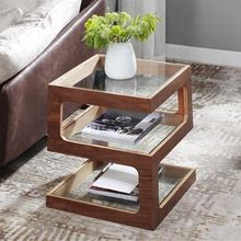 Modern Glass Side Table With 3 Tiers S-Shaped End Table In Walnut