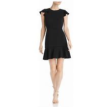 Jaygodfrey Womens Black Ruffled Short Sleeve Jewel Neck Short Evening Fit + Flare Dress 14