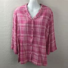 Blair Womens Pink Plaid Button Down Shirt Top Cropped Sleeves 100%