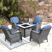 OVIOS Rattan Wicker 5-Piece Patio Furniture Set Single Chairs With Fire Pit - Blue
