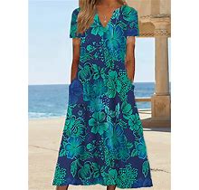 Women's Shift Dress Sundress Summer Dress Floral Pocket Print V Neck Midi Dress Date Vacation Short Sleeve Summer Spring