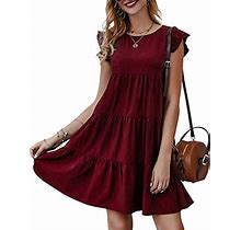 Kirundo Womens Summer Mini Dress Sleeveless Ruffle Sleeve Round Neck Solid Color Loose Fit Short Flowy Pleated Dress Medium Wine Red