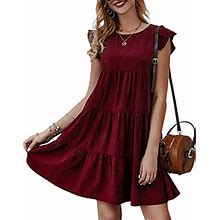 Kirundo Womens Summer Mini Dress Sleeveless Ruffle Sleeve Round Neck Solid Color Loose Fit Short Flowy Pleated Dress Medium Wine Red