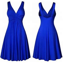 Finelylove Petite Formal Dresses For Women Dresses For Curvy Women V-Neck Printed Sleeveless Jacket Dress Blue M
