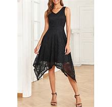Rotita Boho Black Lace Sleeveless Midi Dress Vintage Lace Midi Fit And Flare Dress V Neck Lace Black Sleeveless Dress - XL