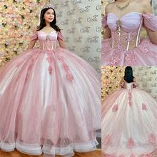 Pink Quinceanera Dresses Off The Shoulder 3D Flowers Sweet 15 16 Party Ball Gown