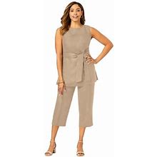 Jessica London Women's Plus Size Two Piece Sleeveless Tunic Top Capri Pants Linen Blend Set - 28, New Khaki Beige