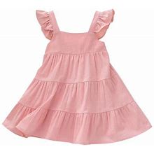 Cute Summer Dresses For Girls Linen Vintage Ruffle Retro Solid Boho Layered Skate Dress Pink 90 1Y-2Y