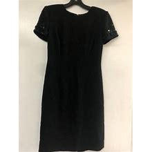 Donna Morgan Sz Petite 4 Black Dress, Beaded Sleeves Covered Buttoned