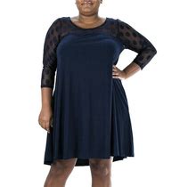 Plus Size Nina Leonard Dot-Mesh Yoke Swing Dress, Women's, Size: 3XL, Blue