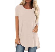 Women Tunic Tops For Leggings Solid Color Long T-Shirts Crew Neck Short Sleeve Tunics Blouse Loose Fit Casual Top