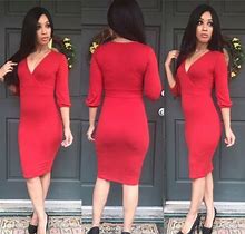 Red Women 3/4 Sleeve Stretch Knit Knee Length Dress