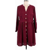 Entro Casual Dress - A-Line V-Neck Long Sleeves: Burgundy Solid Dresses - New - Women's Size Medium