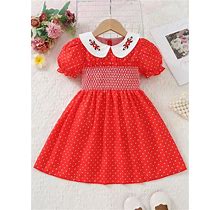 Little Girl's Retro Pastoral Doll Collar, Right Shoulder, Puff Sleeves, Shirred Polka Dot Dress, Summer,6Y