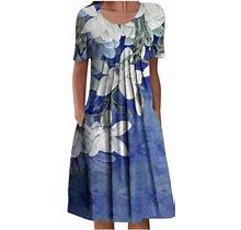 Ussuma Summer Dresses For Women 2022 Floral Print Dress Wedding Guest Boho Pleated Knee Length Swing Aline Sun Dresses Casual Short Sleeve Midi Crewne