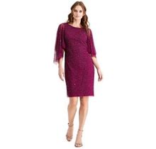 Adrianna Papell Womens Purple Beaded 3/4 Sleeve Jewel Neck Above The Knee Evening Shift Dress 4