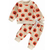 Biayxms Baby Girl Boy Fall Pants Set Pumpkin Print Crewneck Long Sleeve Sweatshirts Long Pants 2Pcs Halloween Clothes