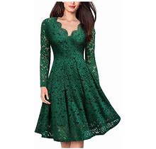 Summer Dress For Women Women's Fashion Solid Color V-Neck Long Sleeve Slim Lace Knee Length Dress Dresses Polyester Green Xl