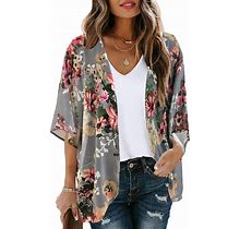 Women's Floral Print Puff Sleeve Kimono Cardigan Loose Cover Up Casual Blouse Tops