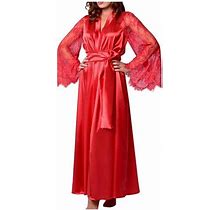 Lovskoo Women's 2024 Plus Size Soft Long Satin Robes Long Silk Robes Full Length Robes Kimonos Silky Bath Robe Dressing Gowns Red