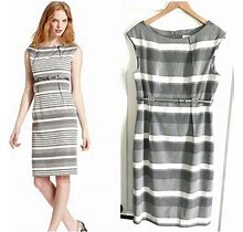 Calvin Klein Striped Belted Sheath Dress - 10 - Gray / White