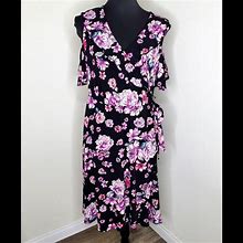 Torrid Dresses | Torrid Purple/Black Floral Cold Shoulder Wrap Dress | Color: Purple | Size: 2X