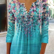 Floral Print V-Neck Long Length T-Shirt, Blouses, Tee, Women's Crew Neck Button Casual Long Sleeve Spring Fall Women's,Peacock Blue,All-New,Temu