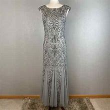 Adrianna Papell Sequin Beaded Maxi Gown Dress 8 Petite Gray 20S