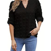 Swiss Dot Notched Neck Blouse, Casual Long Sleeve Blouse For Spring & Fall, Women's Clothing,Black,Must-Have,Temu