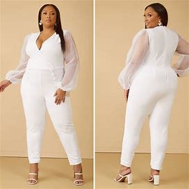 Plus Size Faux Wrap Organza Sleeved Jumpsuit, WHITE, 26/28 - Ashley Stewart