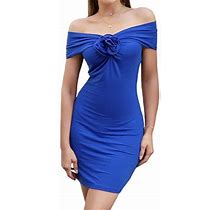 Canis Women's Summer Fitted Short Dress Blue Off Shoulder Strapless Dress