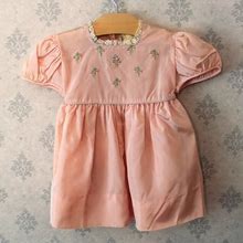 Vintage NOS Filene's Pink Taffeta Floral Embroidered Pink Baby Dress