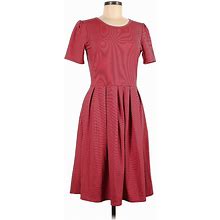 Lularoe Casual Dress - A-Line Scoop Neck Short Sleeves: Burgundy Stripes Dresses - Women's Size Medium