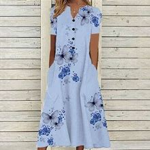 Hombom A-Line Dress For Women Blue Short Sleeve Casual Dresses For Women Round Neckline Floral 1950 Dresses Women S