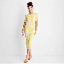 Future Collective Dresses | New Future Collective Yellow/White Floral Elbow Sleeve Open Back Mesh Dress, 3X | Color: White/Yellow | Size: 3X