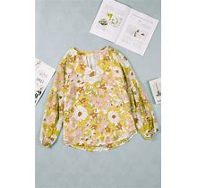 Womens Yellow Floral Print V Neck Long Puff Sleeve Top S
