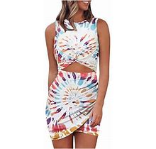 Summer Dresses For Women Crew Neck Cutout Printed Tank Dress Twist Front Ruched Sleeveless Bodycon Beach Mini Dress