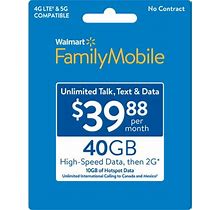Walmart Family Mobile $39.88 Unlimited Monthly Prepaid Plan (40GB At High Speed Then 2G) + 10GB Mobile Hotspot Direct Top Up
