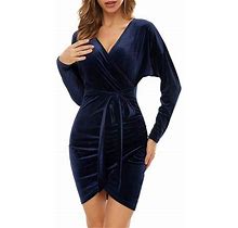 Inevnen Womens Wrap V Neck Long Sleeve Velvet Bodycon Ruched Cocktail Party Dress