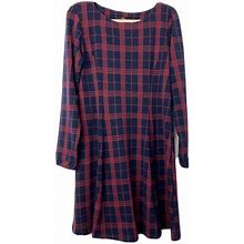 Suzanne Betro Dress Large Navy Red Plaid Knit Fit Flare Long Sleeve
