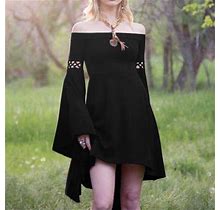 Vkekieo Maxi Dress For Women Sun Dress Off-The-Shoulder Long Sleeve Solid Black L