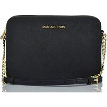 Michael Kors Jet Set Large East West Saffiano Leather Crossbody Bag Handbag (Black Solid/Gold Hardware - Shoulder Bags One Size