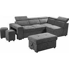 Henrik Light Gray Sleeper Sectional Sofa With Storage Ottoman And 2 Stools, Sectional Sofas, By Lilola Home